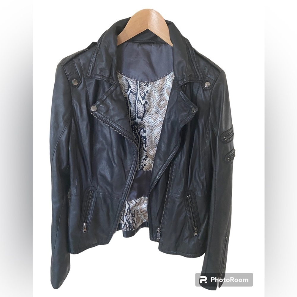 - Schyia black Moto genuine Lamb leather jacket size 40, silver hardware